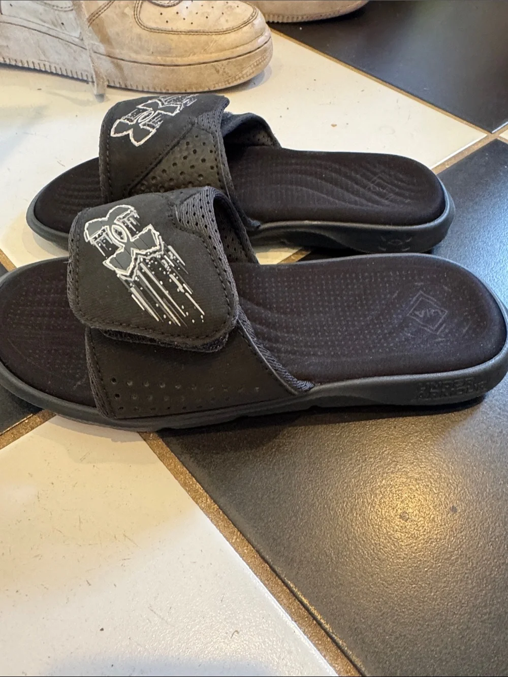 Under Armour Boys Black Slide Sandals with White Logo